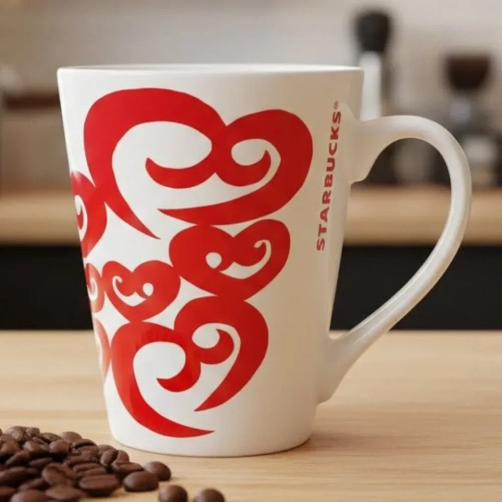 Starbucks Coffee‎ Cup Mug 2016 Valentine's Day Red Swirl Hearts 12 fl oz Ceramic